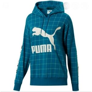 NWT Teal White checkered Puma Big Logo Hoodie